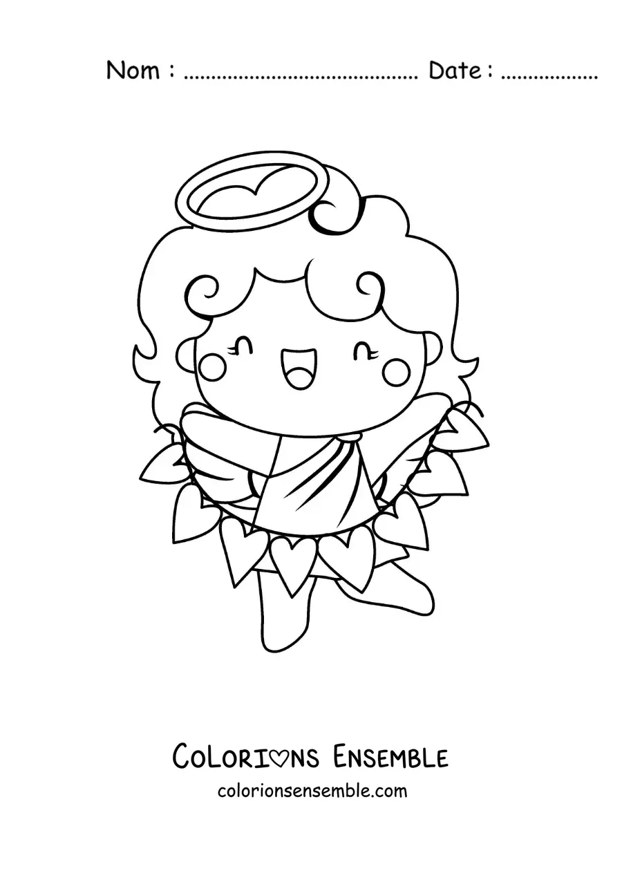 Dessin à colorier d’un ange Cupidon avec des cœurs de la Saint-Valentin