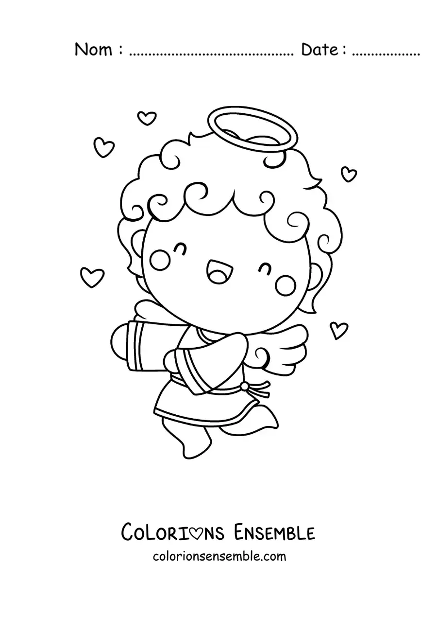 Dessin à colorier d’un ange Cupidon volant, entouré de cœurs