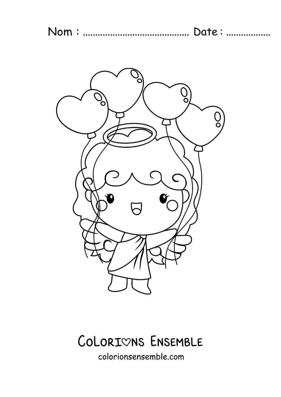 Dessin à colorier d’un ange Cupidon avec des ballons de la Saint-Valentin