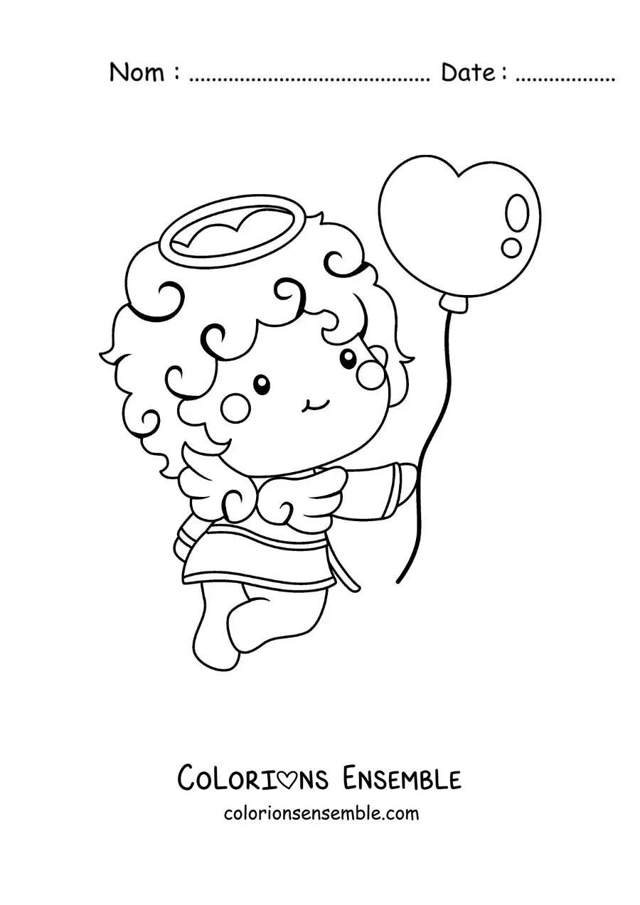 Dessin à colorier d’un bel ange Cupidon de dessin animé avec un ballon de la Saint-Valentin
