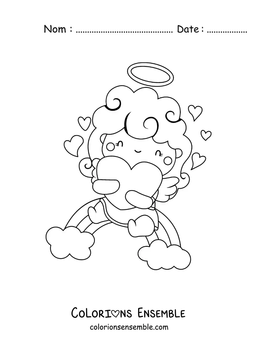 Dessin à colorier d’un ange Cupidon sur un arc-en-ciel, entouré de cœurs