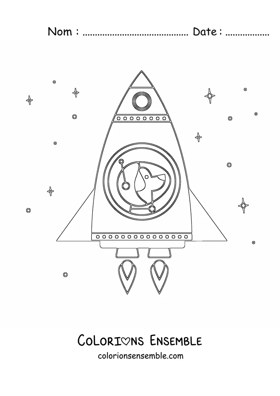 Image à colorier d'un chien spatial animé dans une fusée, dans l'espace