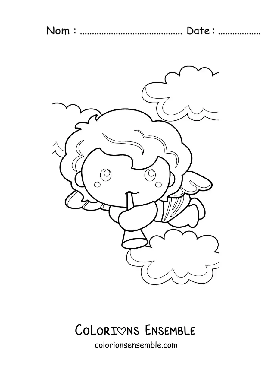 Dessin à colorier d’un ange Cupidon avec une trompette