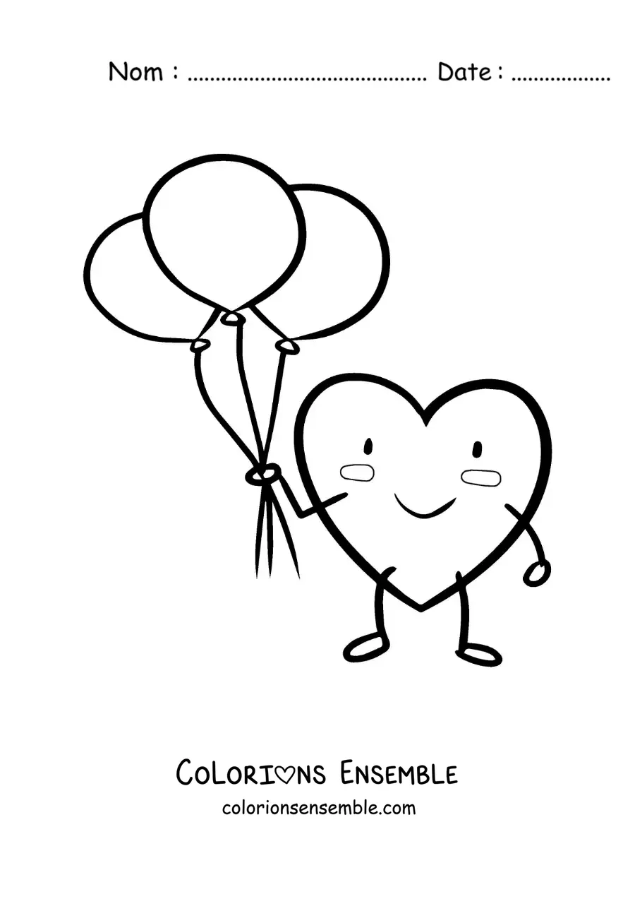 Dessin à colorier d’un tendre cœur de dessin animé avec des ballons