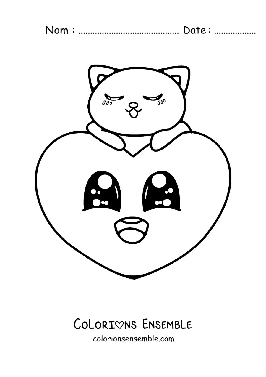 Dessin à colorier d’un joli cœur de dessin animé avec un chaton