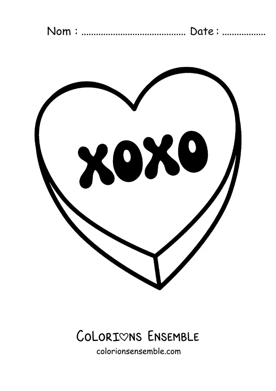 Dessin à colorier d’un bonbon en forme de cœur avec l’inscription xoxo