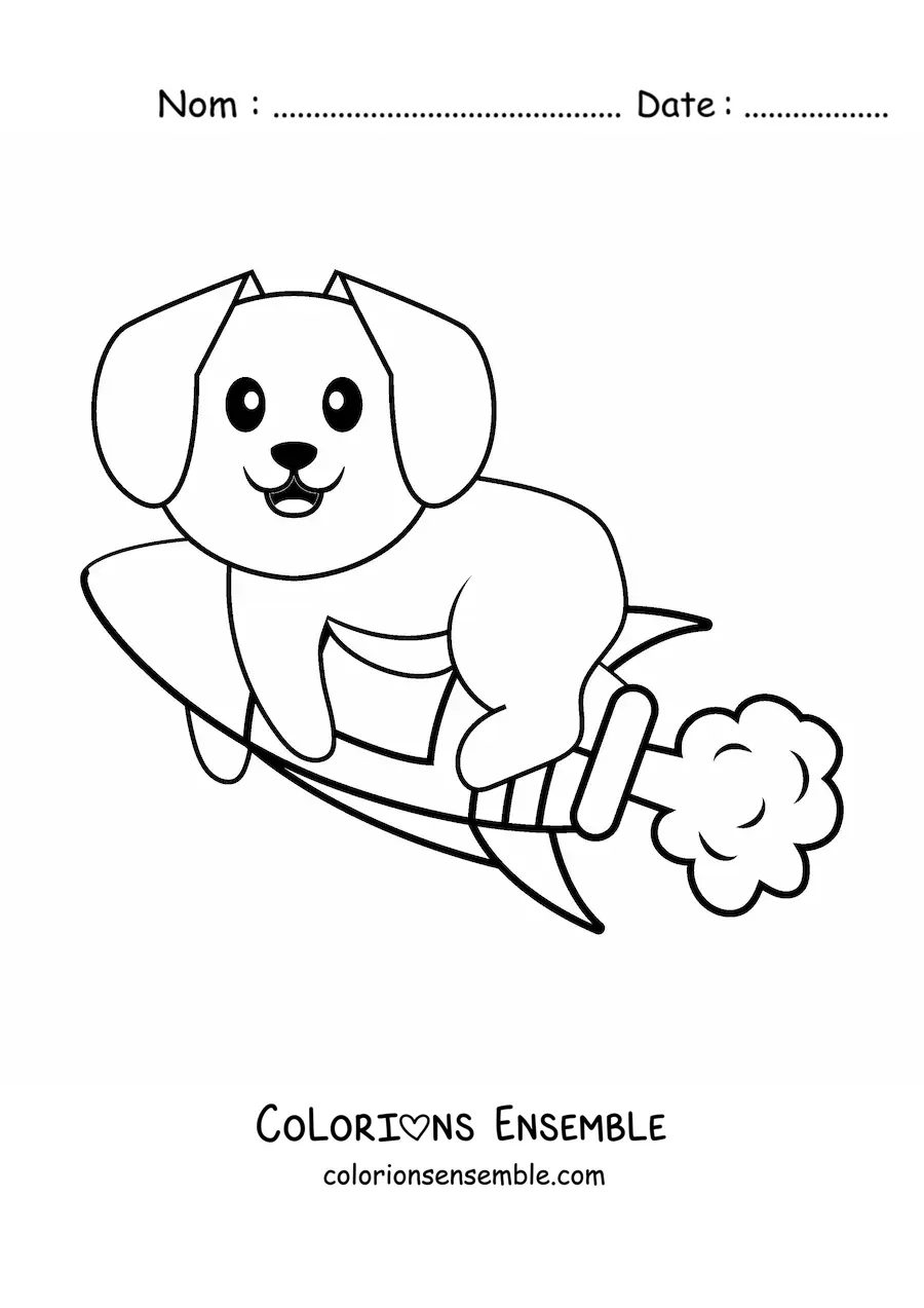 Image à colorier d'un chien animé sur une fusée en vol