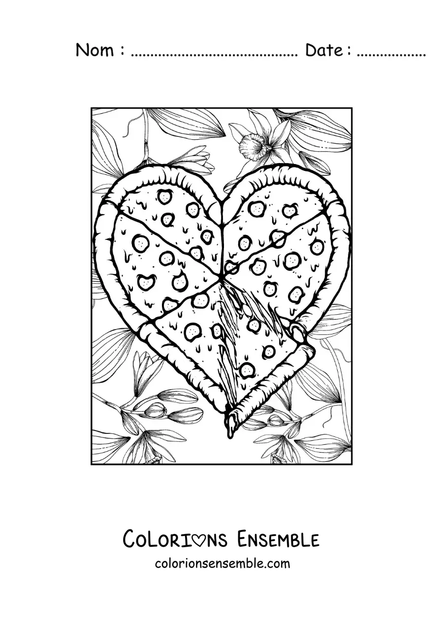 Dessin à colorier d’une grande pizza en forme de cœur