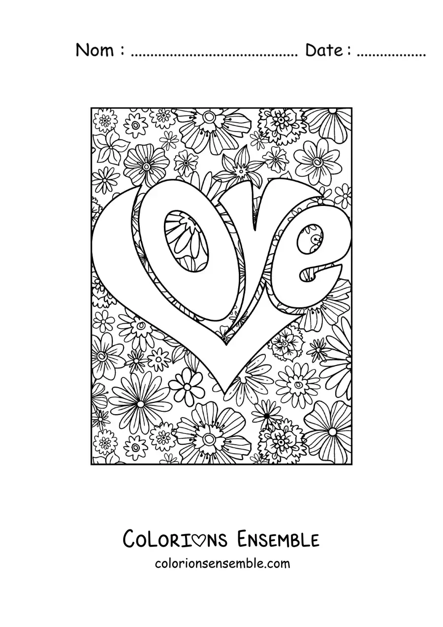 Dessin à colorier d’un cœur formé de lettres qui composent le mot love