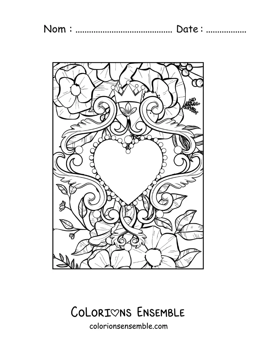Dessin à colorier d’un cœur entouré de fleurs