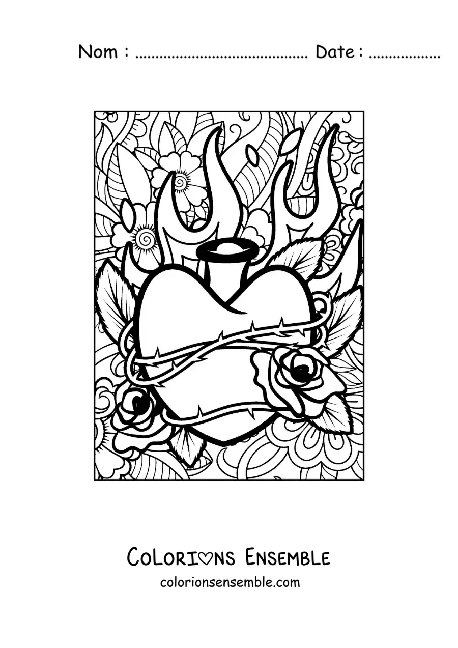 Dessin à colorier d’un cœur en flammes