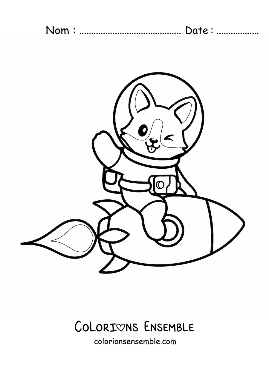 Image à colorier d'un chien animé en combinaison spatiale sur une fusée