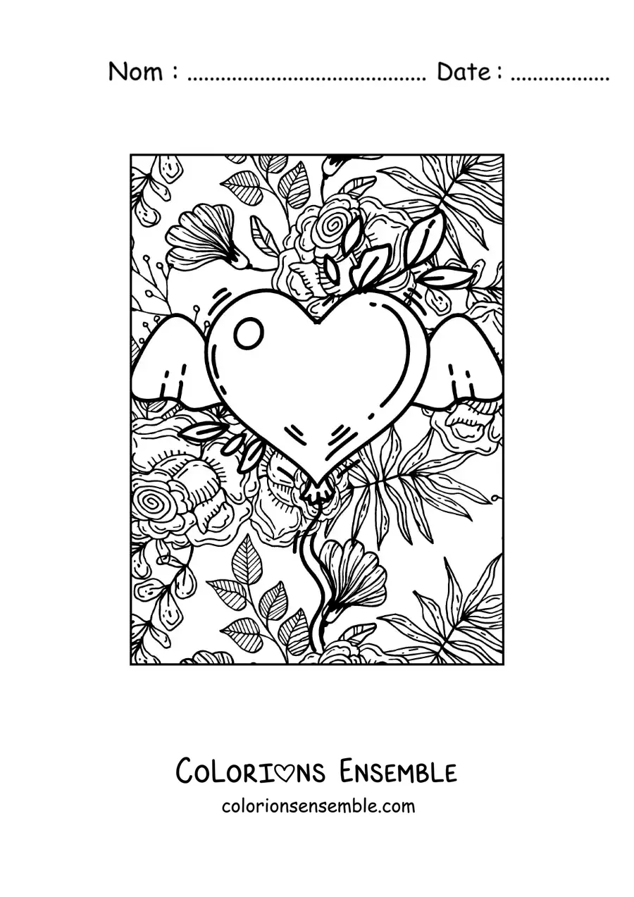 Dessin à colorier d’un cœur avec des ailes et des fleurs