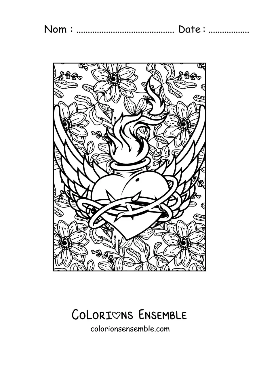 Dessin à colorier d’un cœur en flammes avec des ailes