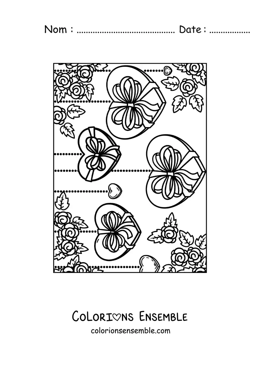Dessin à colorier de cœurs suspendus décorés de fleurs