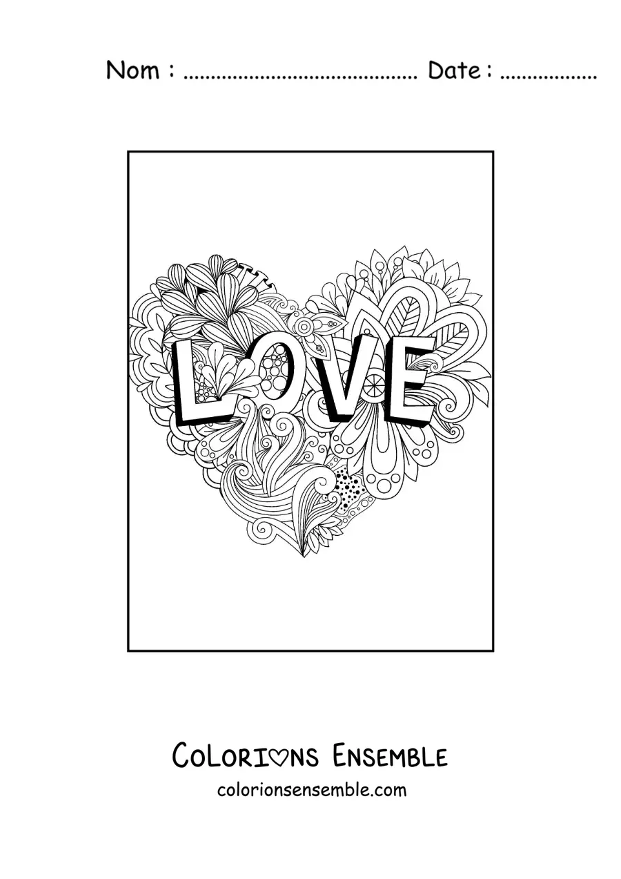 Dessin à colorier d’un mandala en forme de cœur avec des lettres qui composent le mot love