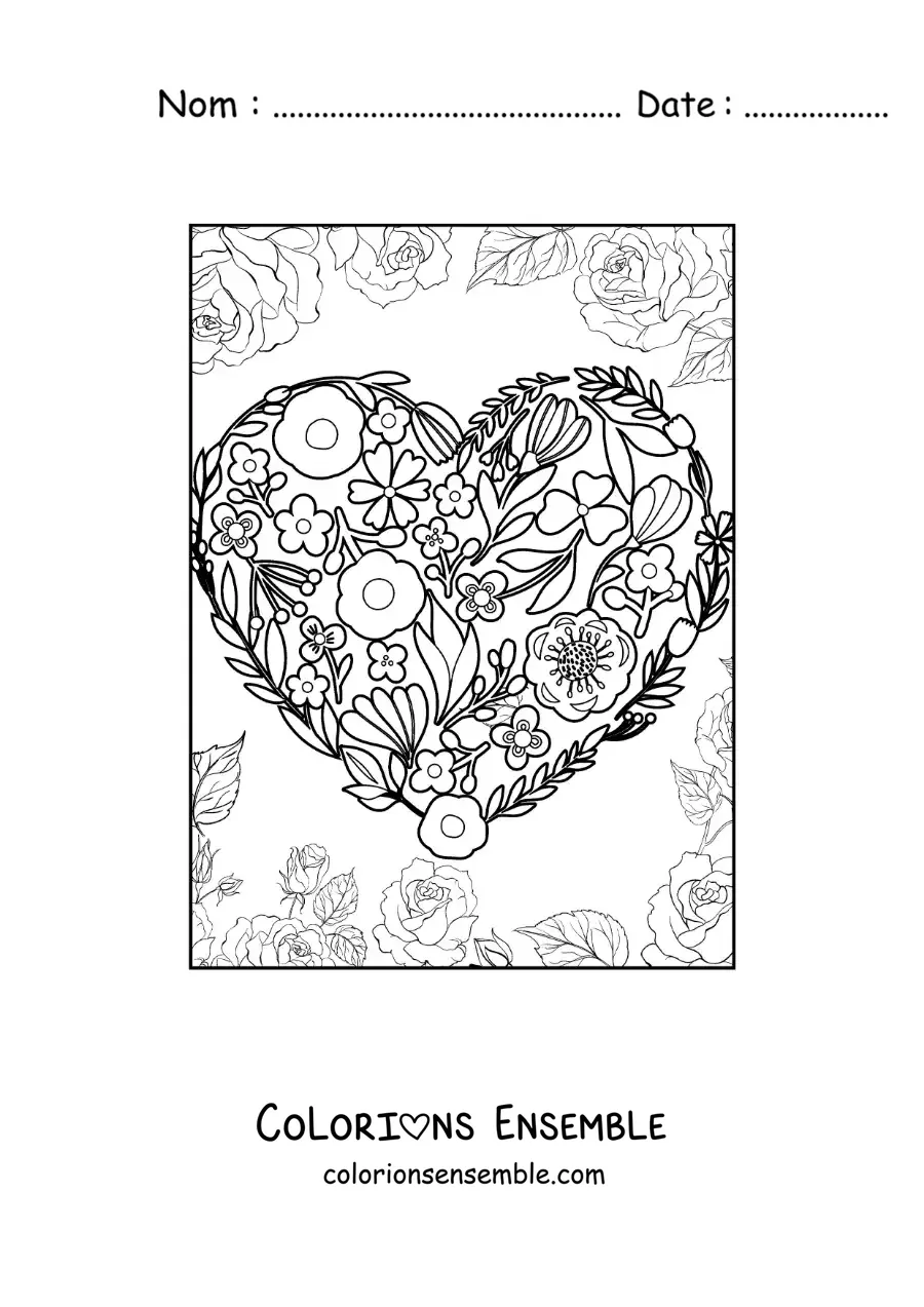 Dessin à colorier d’un cœur composé de fleurs