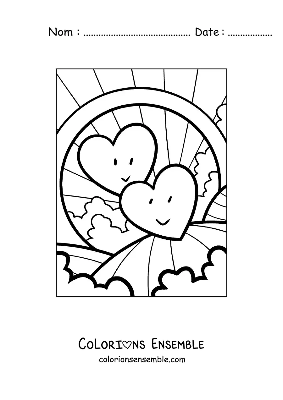 Image à colorier de 2 cœurs animés réunis