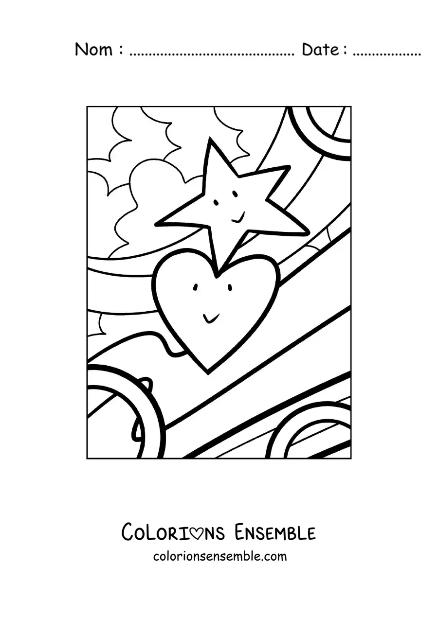 Image à colorier d'un cœur animé à côté d'une étoile