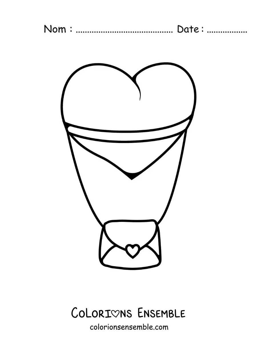 Image à colorier d'un ballon en forme de cœur attaché à une lettre d'amour