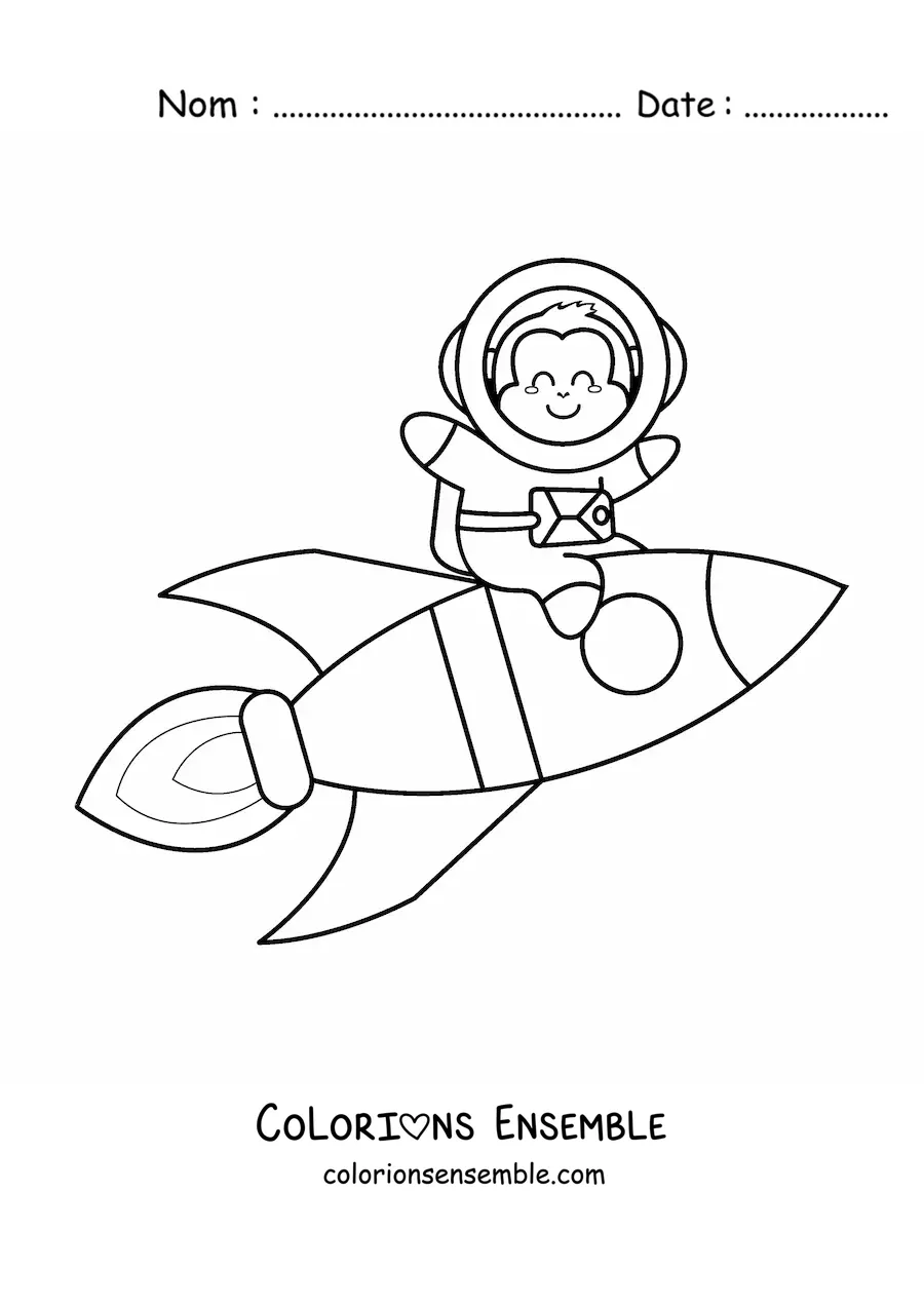 Image à colorier d'un singe animé en combinaison spatiale sur une fusée