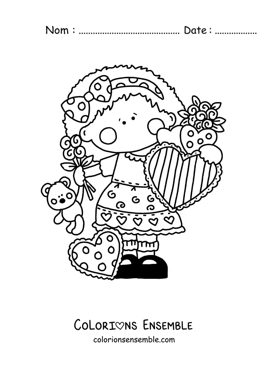 Image à colorier d'une fille avec des roses et des cœurs de la Saint-Valentin