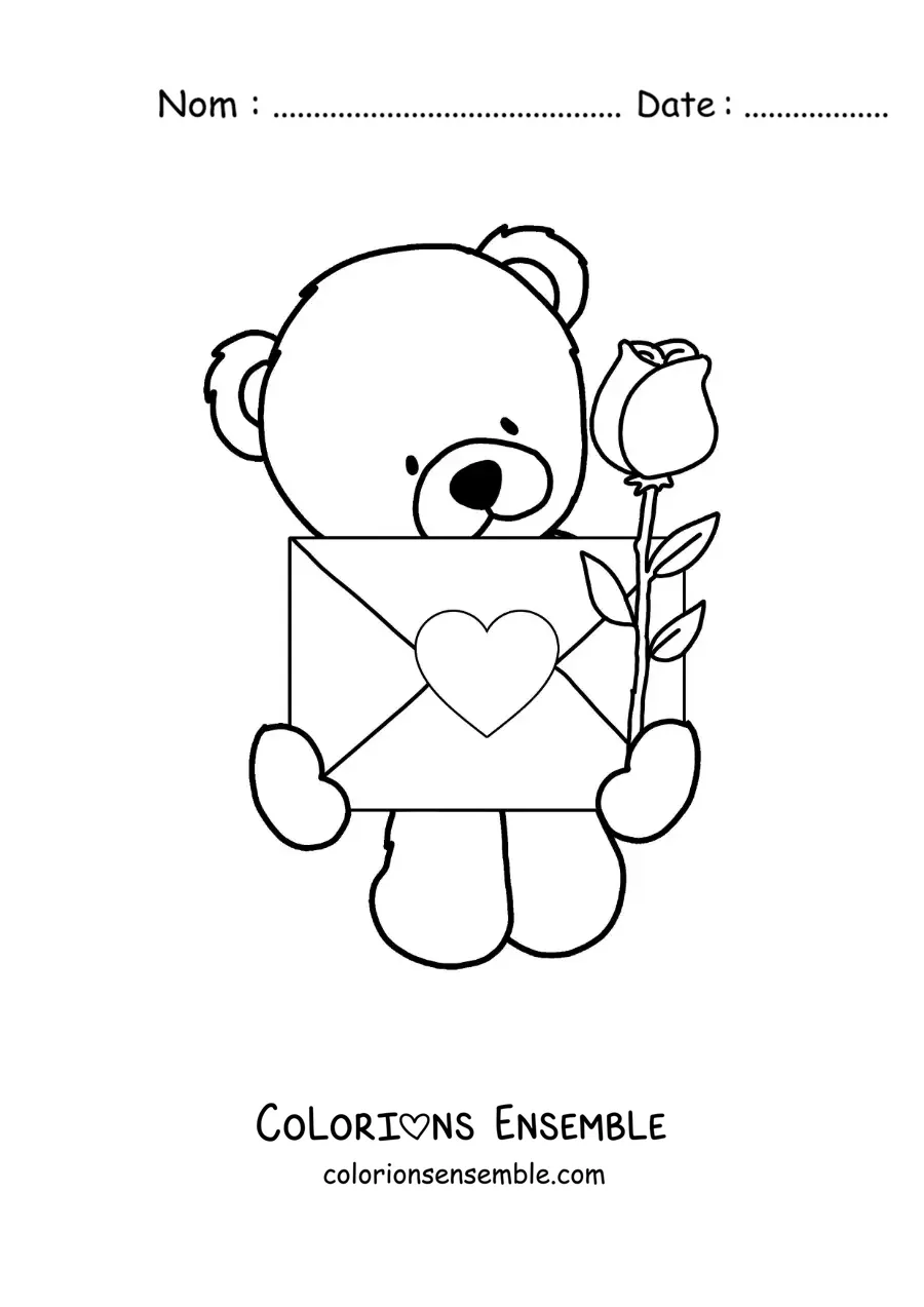 Image à colorier d'un ours animé avec des roses et une lettre d'amour