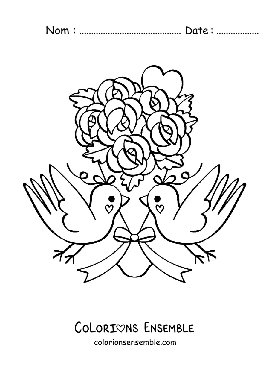Image à colorier d'un joli bouquet de roses avec des oiseaux et un cœur