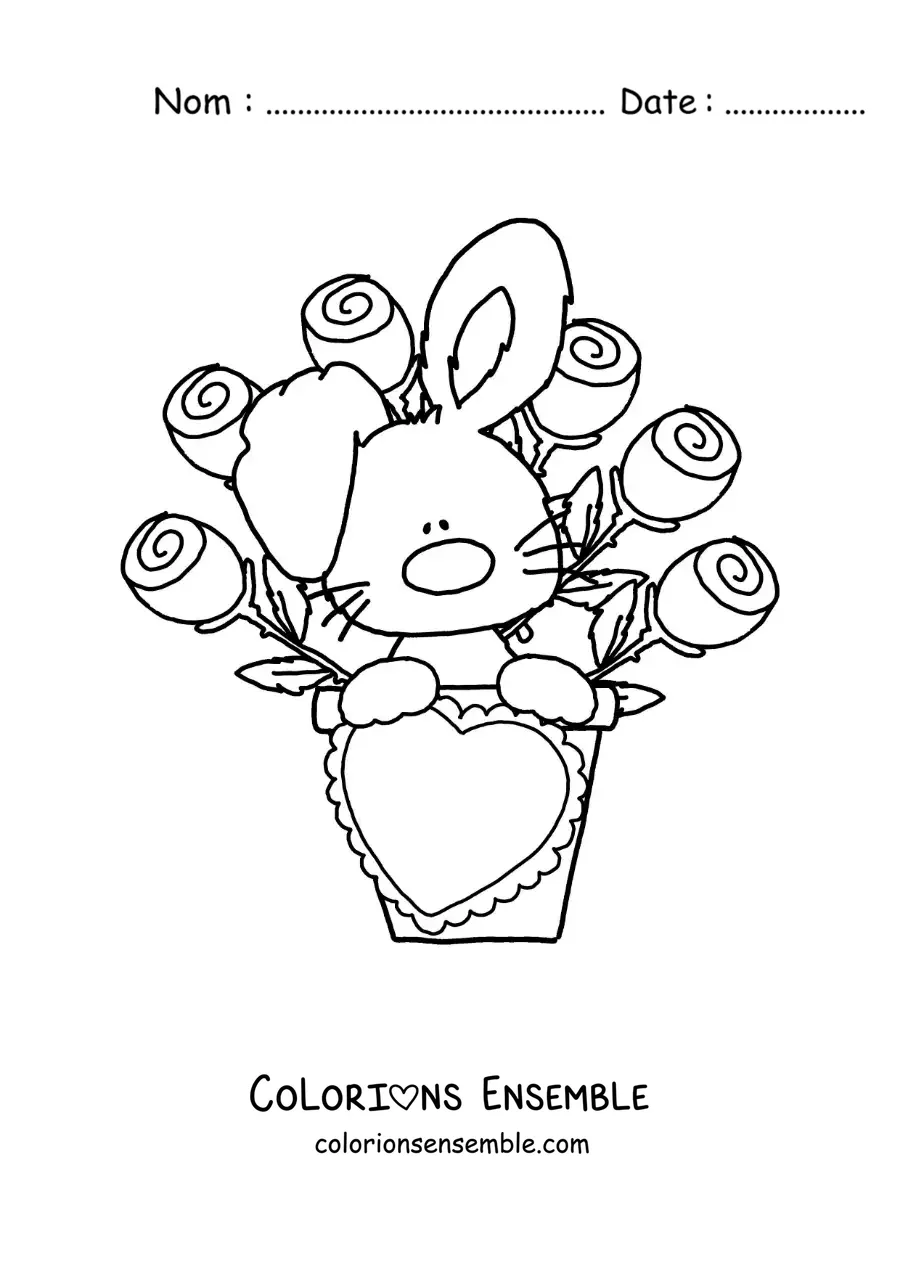 Image à colorier d'un tendre lapin animé avec un bouquet de roses et un cœur
