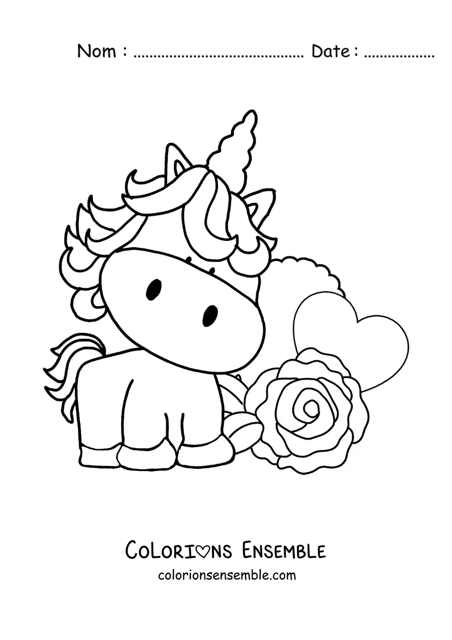 Image à colorier d'une jolie licorne animée avec une rose et un cœur