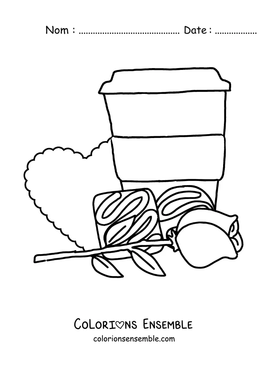 Image à colorier d'un gobelet de café avec des chocolats, une rose et un cœur
