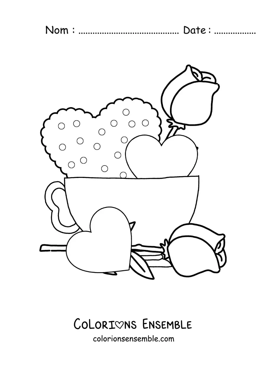 Image à colorier d'une tasse de café avec des cœurs et des roses