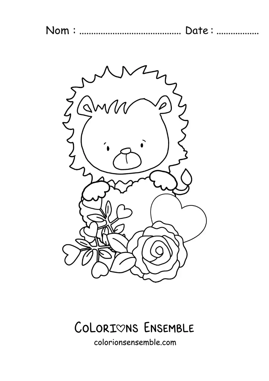 Image à colorier d'un lion animé avec des roses et des cœurs de la Saint-Valentin