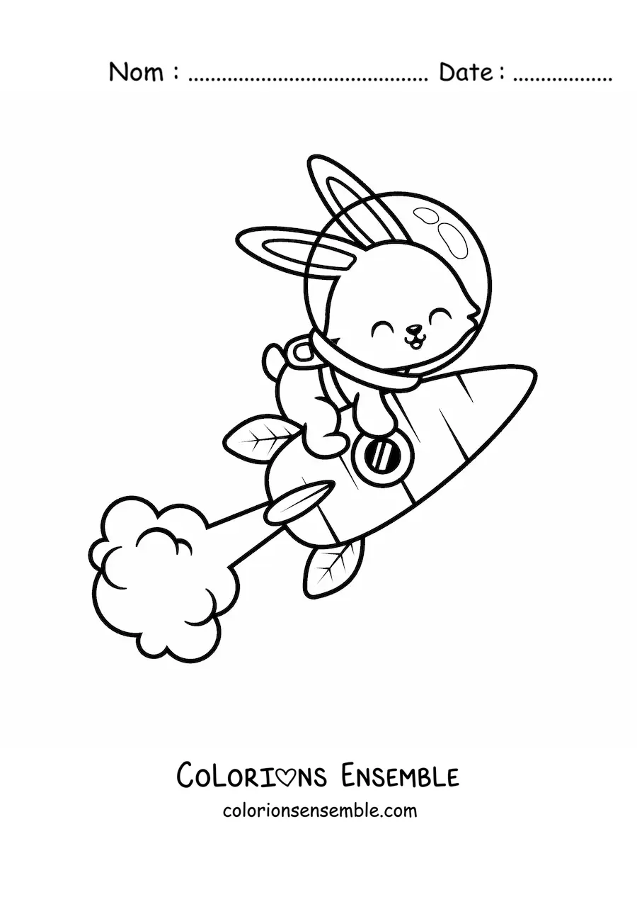 Image à colorier d'un lapin animé dans une fusée en forme de carotte