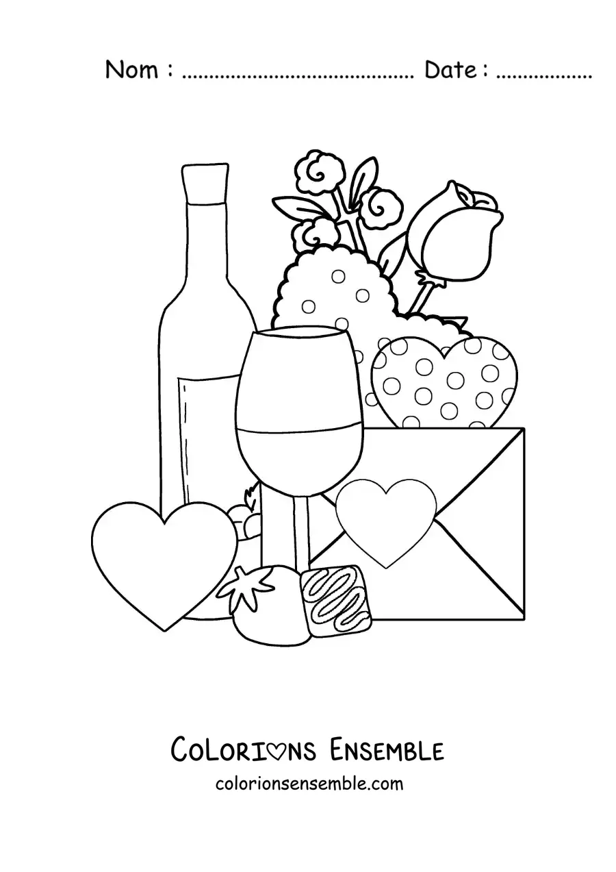 Image à colorier d'une bouteille de vin avec des cœurs, des roses et une lettre d'amour