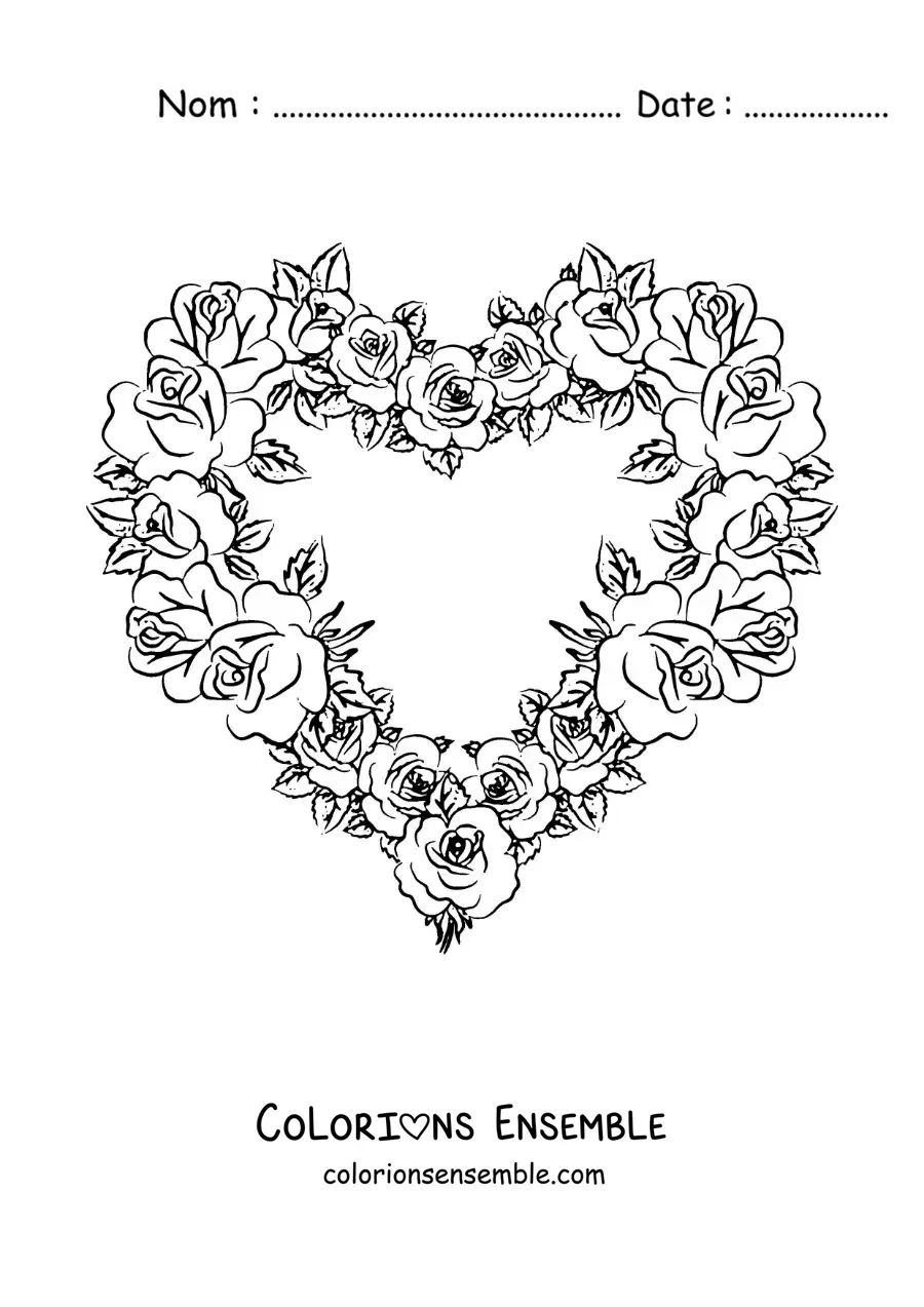 Image à colorier d'un arrangement de roses en forme de cœur