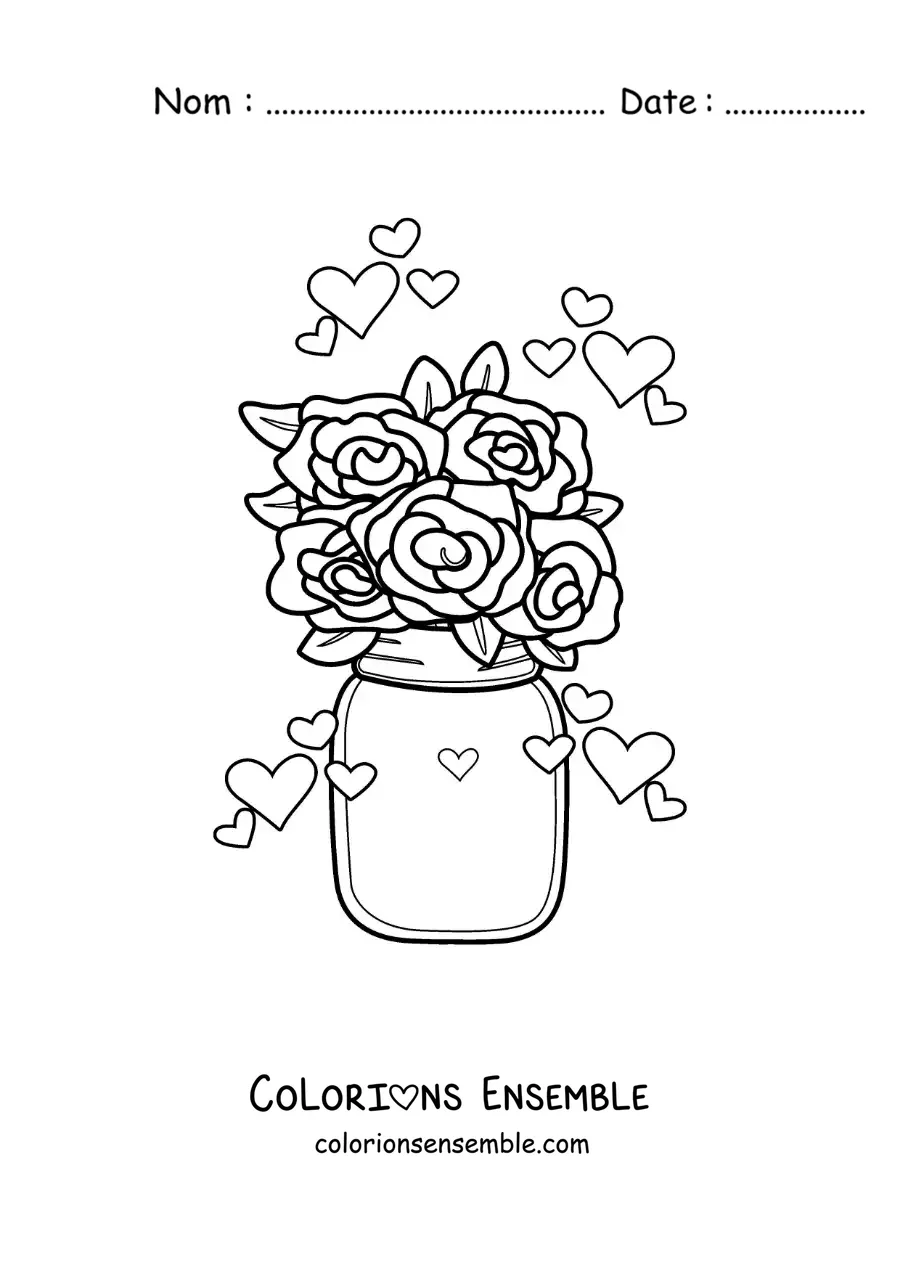 Image à colorier d'un bouquet de roses dans un vase avec des cœurs