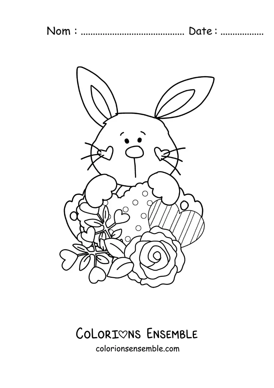 Image à colorier d'un mignon petit lapin animé avec des roses et des cœurs
