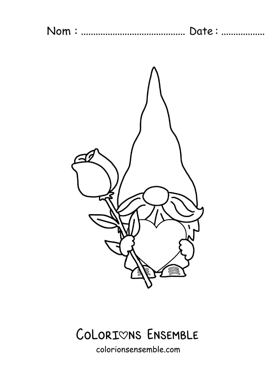 Image à colorier d'un gnome animé avec une rose et un cœur