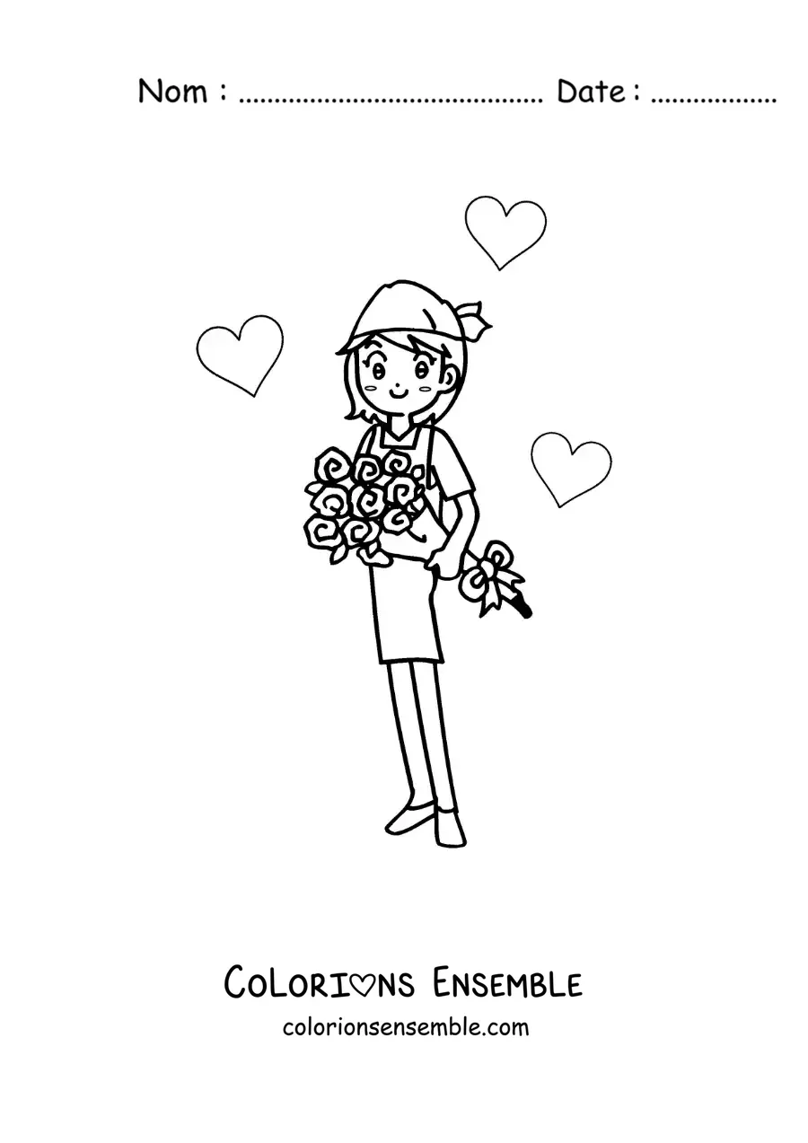 Image à colorier d'une fille avec un bouquet de roses et des cœurs tout autour d'elle