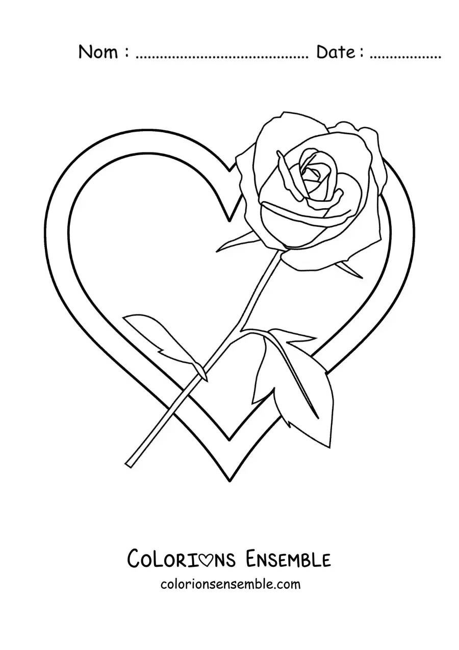 Image à colorier d'un grand cœur avec une rose