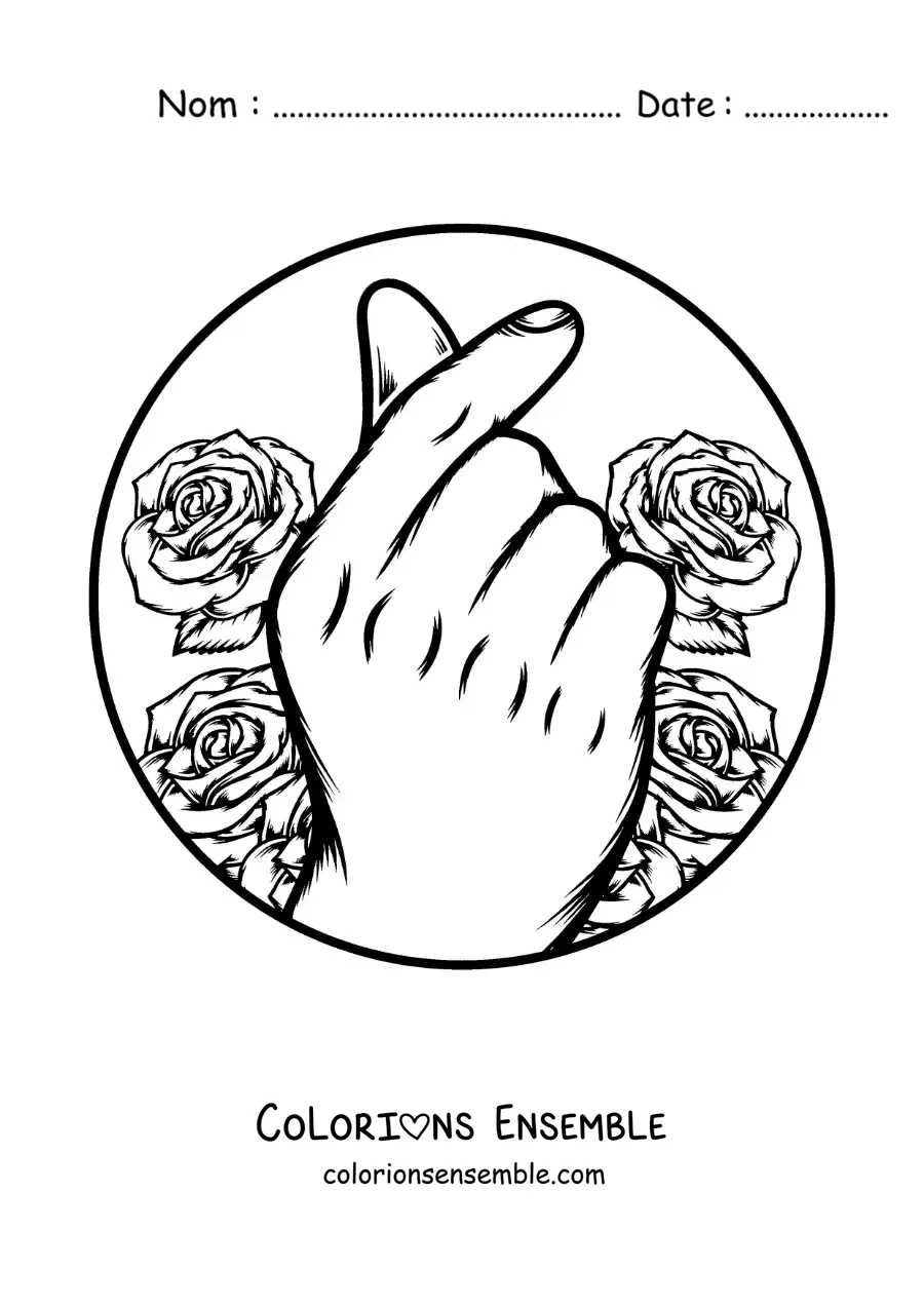 Image à colorier d'une main faisant le geste du cœur coréen avec des roses