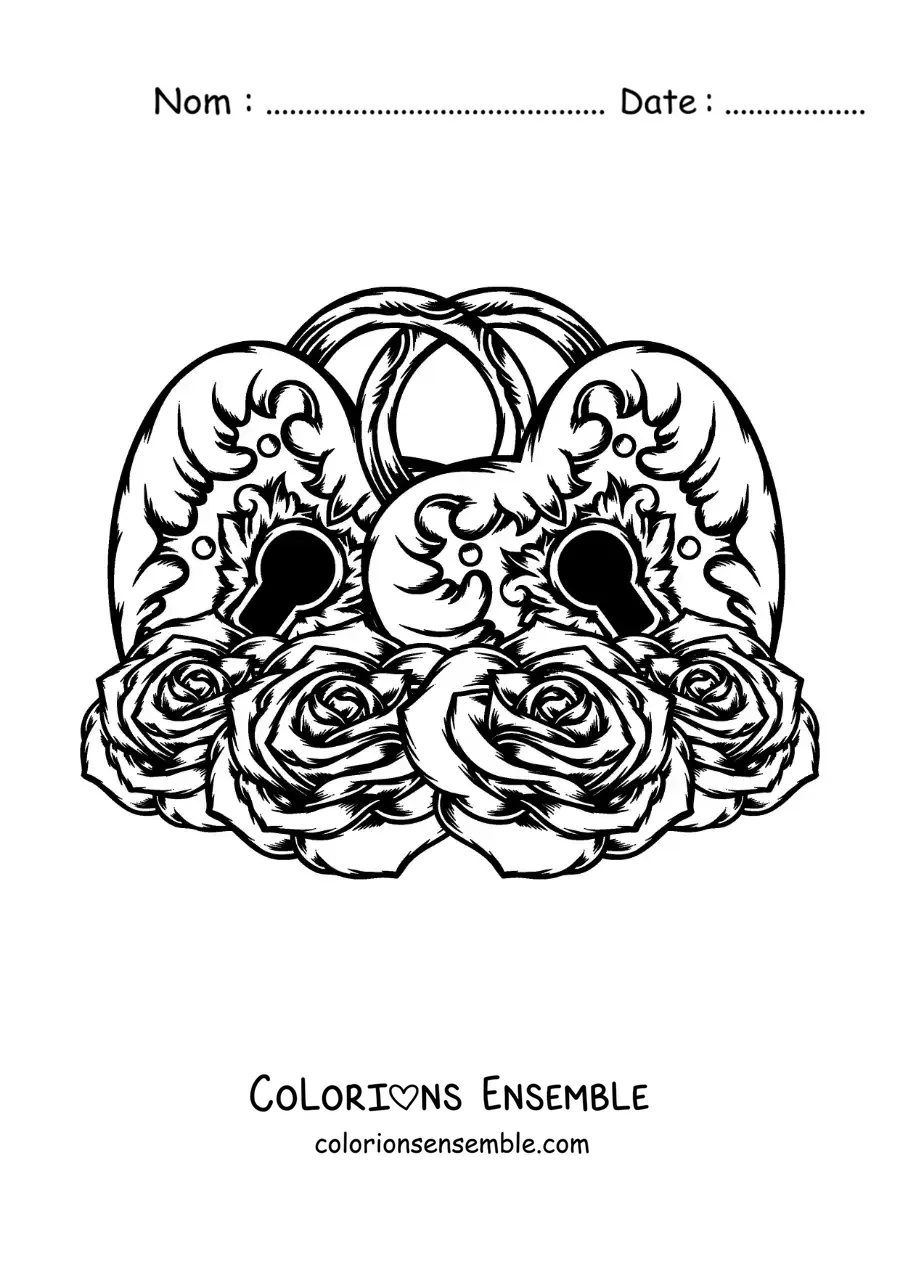 Image à colorier de cadenas réunis en forme de cœur entourés de roses