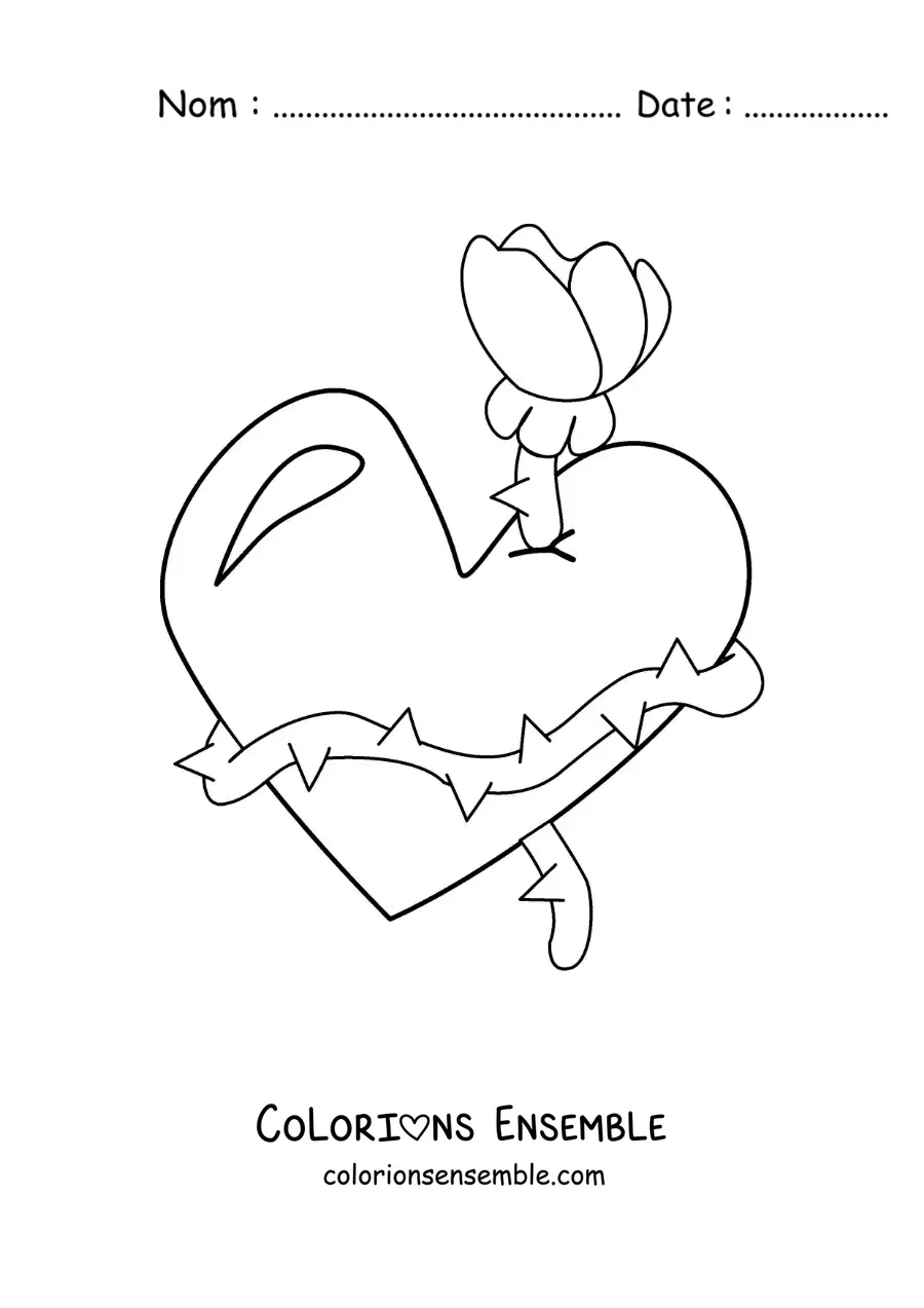 Image à colorier d'un cœur entouré d'une rose avec des épines