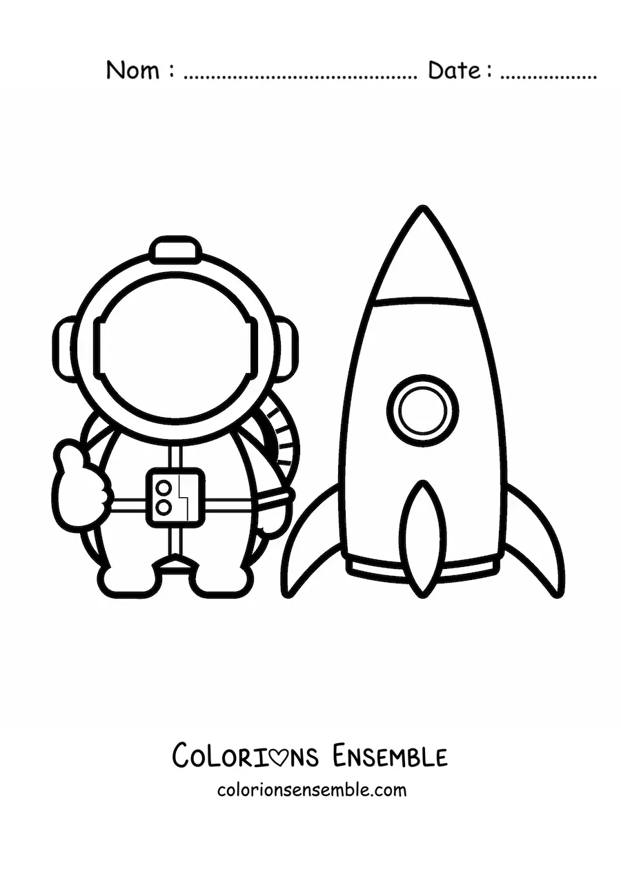 Image à colorier d'un astronaute animé à côté d'une fusée spatiale