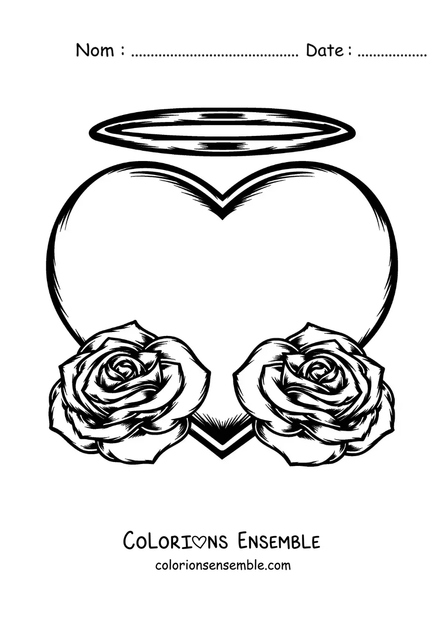 Image à colorier d'un grand cœur avec deux roses