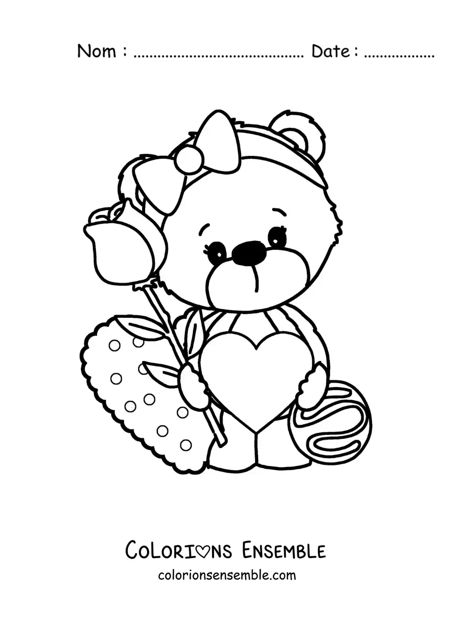 Image à colorier d'une ourse en peluche avec des cœurs et une rose