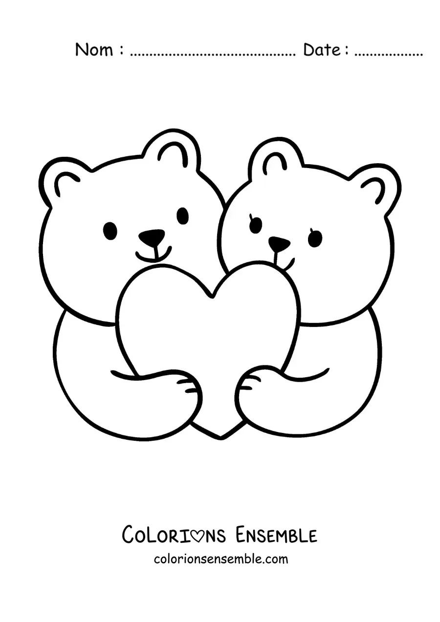 Image à colorier d'un couple d'ours étreignant un cœur