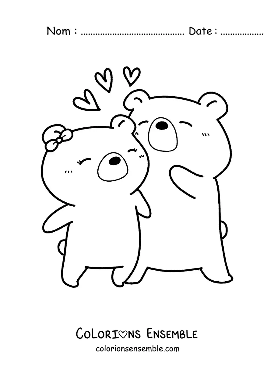 Image à colorier de deux ours amoureux avec des cœurs