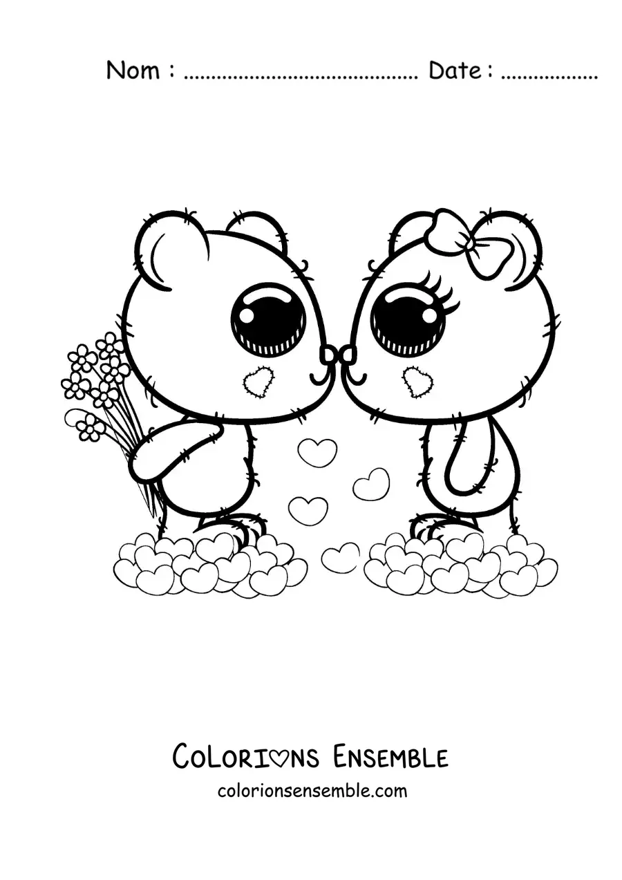 Image à colorier d'un couple d'ours kawaii amoureux avec des roses et des cœurs